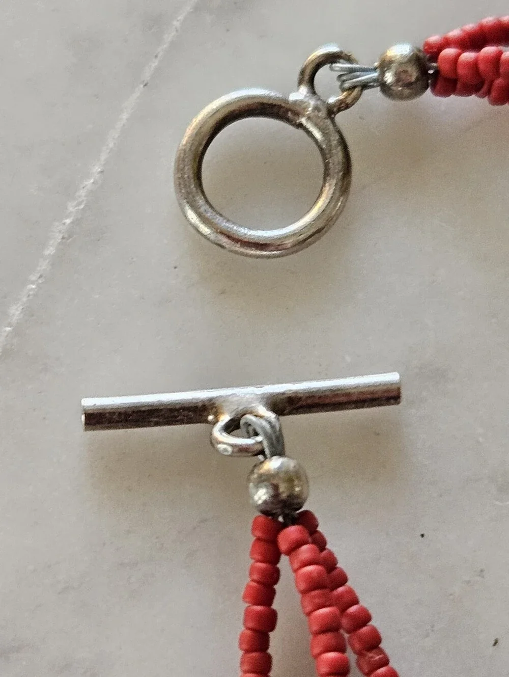 Cabo San Lucas Red Coral and Silver 3 Strand Beaded Necklace/Bracelet or Anklet